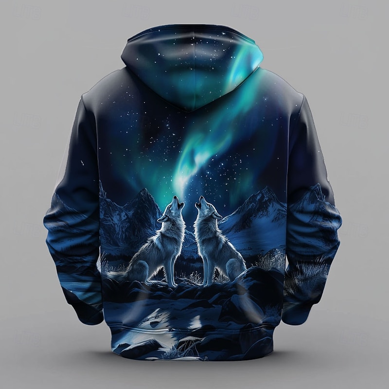 Men's Wolf Aurora Hoodie Hoodies Sweatshirt Fashion Cool Long Sleeve Hooded Vacation Gym Streetwear Dark Blue Drawstring Fall Winter Designer2