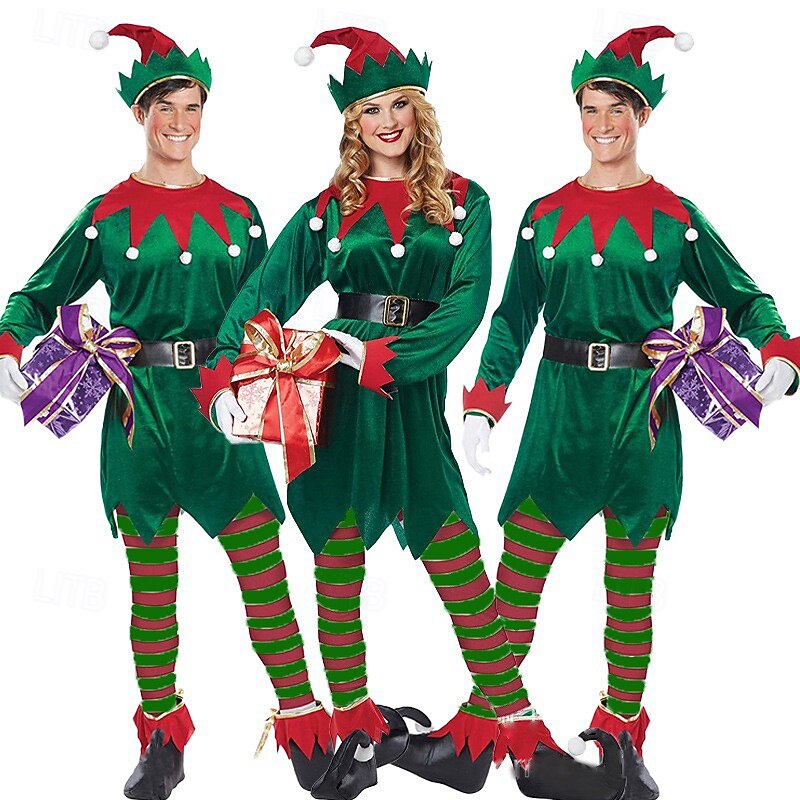 Elf Outfits Christmas Dress Elf Costume Cosplay Costumes Men's Women's Christmas Special Adults Christmas Carnival Masquerade Christmas Party Top Belt Stockings Shoes Hat2