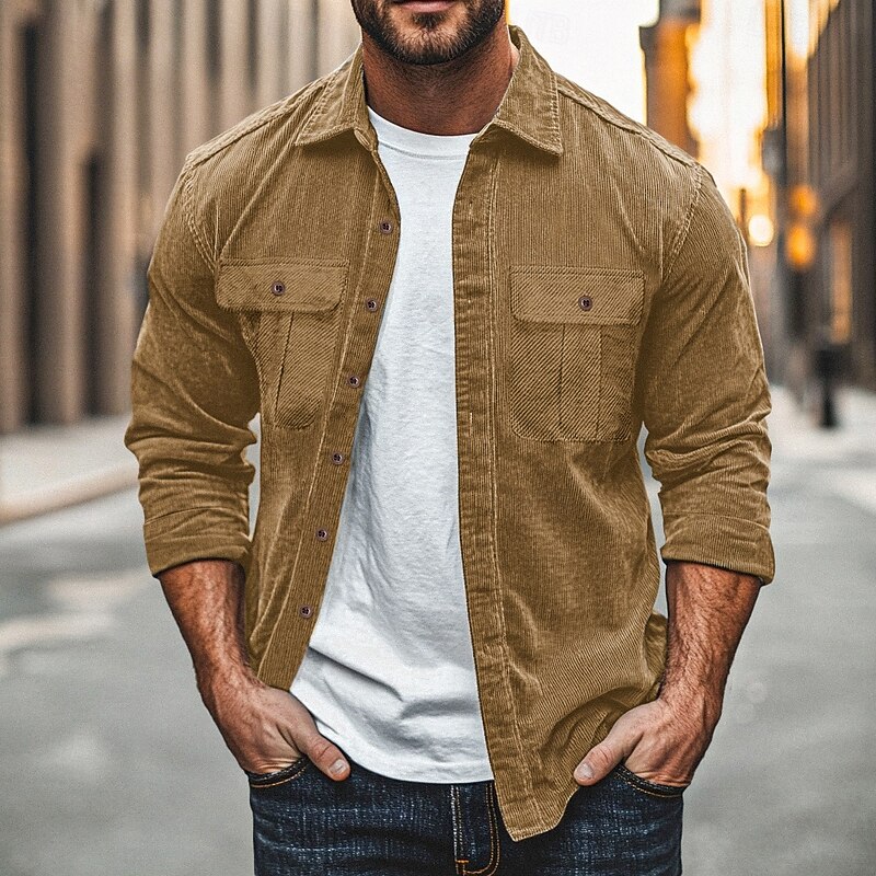 Men's Casual Shirt Corduroy Shirt Button Up Shirt Solid Color Street Daily Blue Brown Gray Long Sleeve Lapel Spring &  Fall Clothing Apparel Pocket4