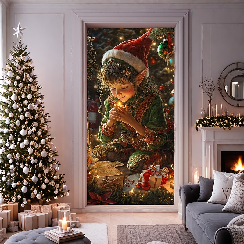 Christmas Door Decorations Door Covers Xmas Elf Door Tapestry Door Curtain Decoration Backdrop Indoor/Outdoor Door Banner for Front Door Farmhouse2