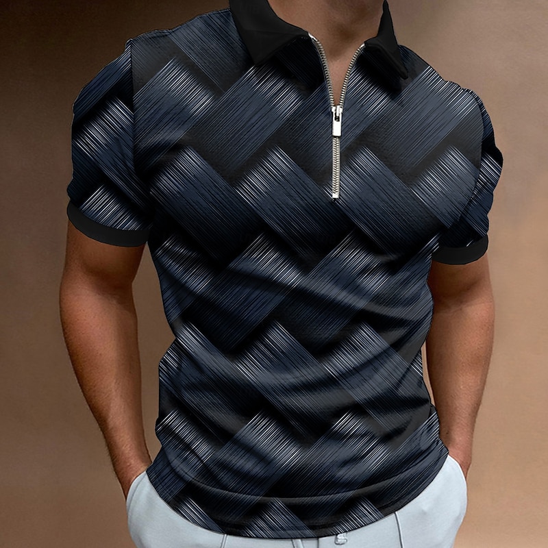 Men's Graphic Zip Polo Shirts Golf Shirt Short Sleeve Polo Shirts Collared Shirts Casual Vacation Wear Rave Wear Party Outfits 3D Print Quarter Zip Polo Spring Fall & Winter Dark Yellow Black Dark3