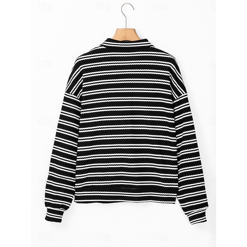 Women's Shirt Blouse Striped Casual Long Sleeve Shirt Collar Regular Tops Daily Zipper Print Black Fall Winter4