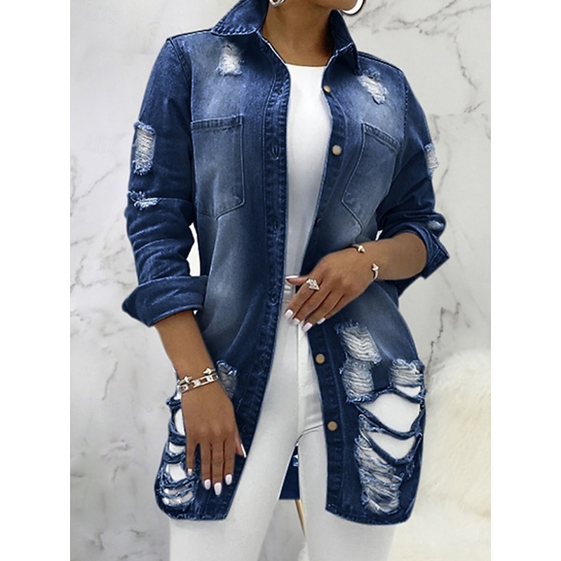 Women's Denim Jacket Outdoor Street Daily Wear Fall Winter Regular Coat Regular Fit Thermal Warm Breathable Stylish Casual Jacket Long Sleeve Solid Color with Pockets Light Blue Black Navy Blue
