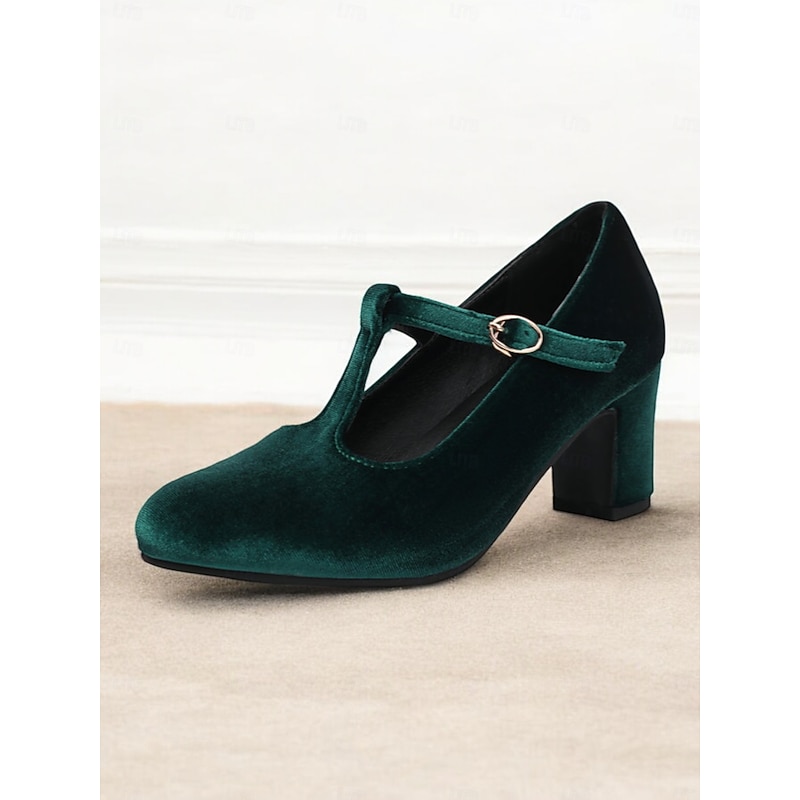 Women's Green Velvet T-Strap Mary Jane Heels with Block Heel – Vintage-Inspired Dress Shoes for Parties and Formal Events2