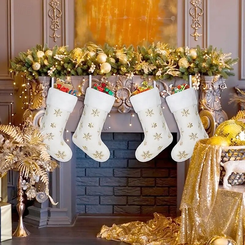 4pcs Christmas Stockings 20 Inch Cream White Faux Fur Xmas Stockings With Silver Sequin Snowflakes Super Soft Thick Plush Xmas Stockings For Christmas Decoration Holiday Decor2