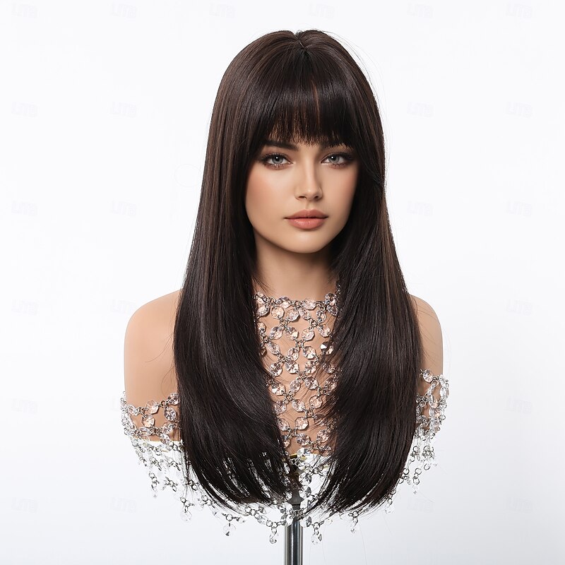 Synthetic Wig Uniforms Career Costumes Princess Straight kinky Straight Middle Part Layered Haircut With Bangs Machine Made Wig 22 inch Dark Brown Synthetic Hair Women's Cosplay Party Fashion Brown4