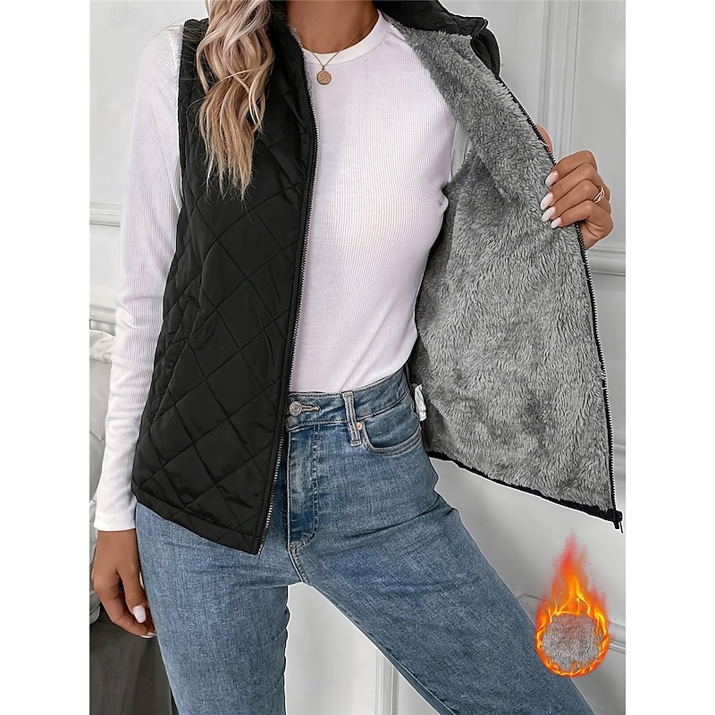 Women's Fleece Vest Warm Breathable Zipper Pocket Fleece Lined Casual Plain Vacation Street Daily Wear Going out Zipper Regular Stand Collar Regular Fit Sleeveless Outerwear Black Fall Winter2