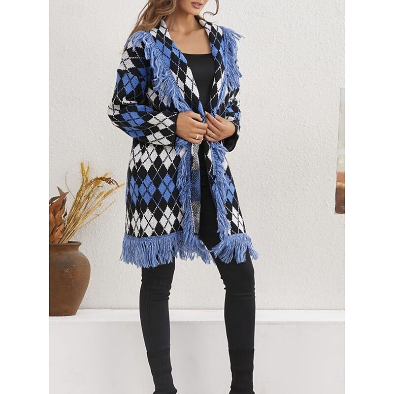 Women's Sweater Cardigan Casual Soft Pure Color Ribbed Open Front Tassel Knitted Long Sleeve Long Tops Knit Outdoor Daily Weekend Blue Fall Winter3