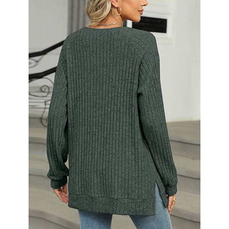 Women's T Shirt Plain Fashion Modern Casual Long Sleeve Crew Neck Regular Tops Daily Weekend Buttons Pink Blue Green Khaki Fall Winter 13