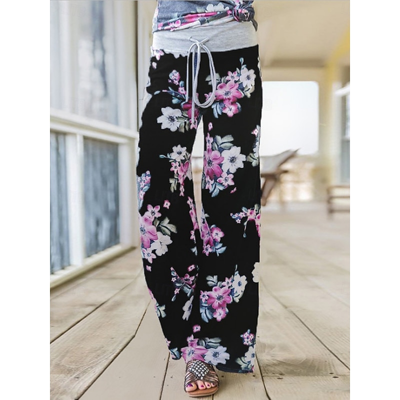 Women's Wide Leg Chinos Fashion Streetwear Full Length High Waist Floral Pocket Elastic Waistband Printing Comfy Soft Comfortable Micro-elastic Outdoor Street Black Blue Gray Spring &  Fall Regular