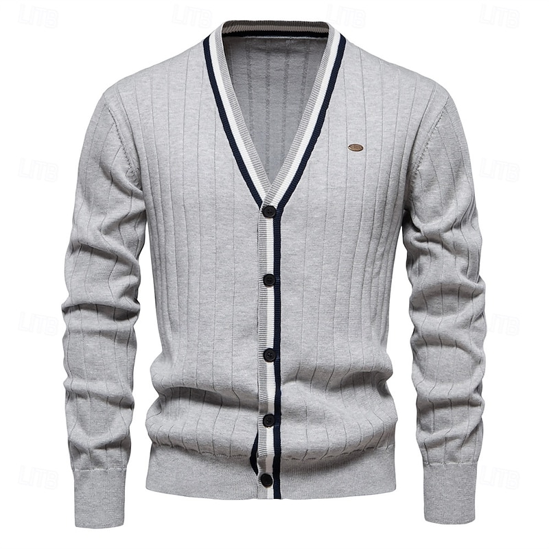 Men's Cardigan Sweater Knit Button Up with White Trim Striped Deep V Knitwear Elegant School Training Clothing Apparel Bishop Sleeve Fall Winter Black Navy Blue S M L3