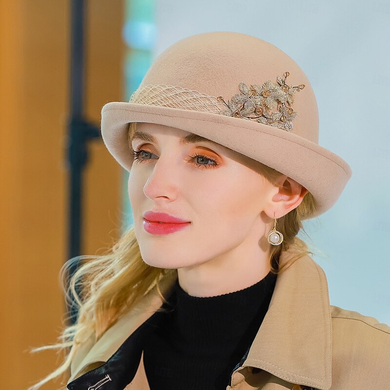 Hats Wool Bowler / Cloche Hat Fedora Hat Wedding Tea Party Elegant Wedding With Cap Lace Side Headpiece Headwear