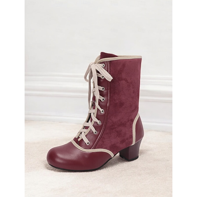 Women's Vintage Lace-Up Mid Heel Boots in Teal with Faux Suede and Faux Leather Panels – Ideal for Retro-Inspired Fashion, Cosplay, or Victorian-Style Costumes4