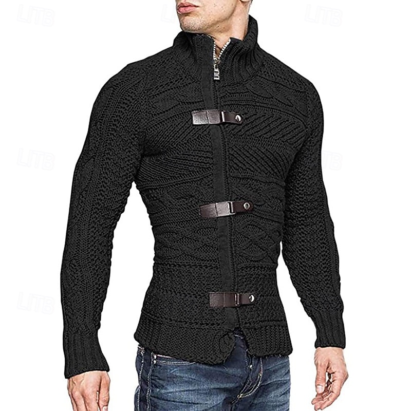 Men's Cardigan Sweater Cropped  Sweater Zip Sweater Knit Sweater Ribbed Knit Regular Plain Stand Collar Fashion Classic Daily Wear Date Clothing Apparel Fall & Winter Black White S M L3