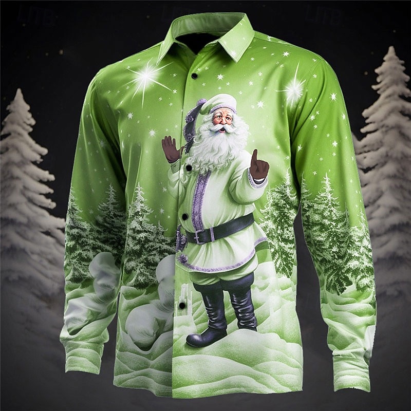 Men's Santa Claus Shirt Long Sleeve Casual Christmas Daily Wear Going out Fall & Winter Turndown Print Button-Down Gray+Purple Red+Pink Light Blue Yellow Red4