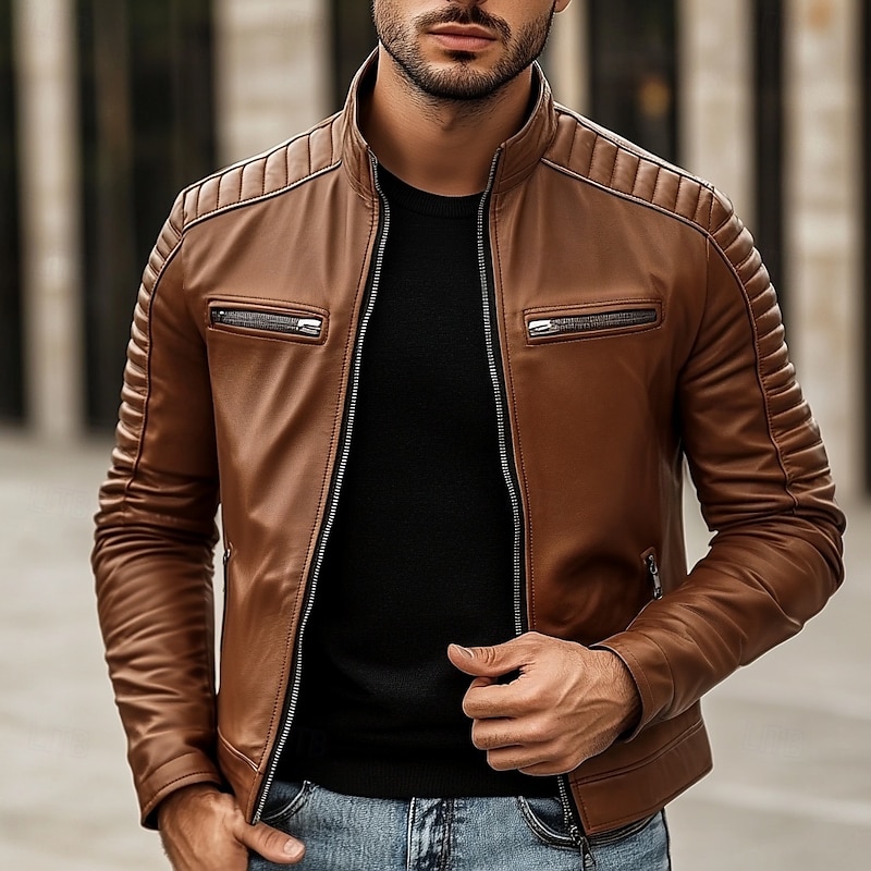 Men's Faux Leather Jacket Biker Jacket Motorcycle Jacket Daily Thermal Warm Rain Waterproof Zipper Fall & Winter Solid Colored Punk Vintage Stand Collar Regular Black Yellow Coffee Jacket