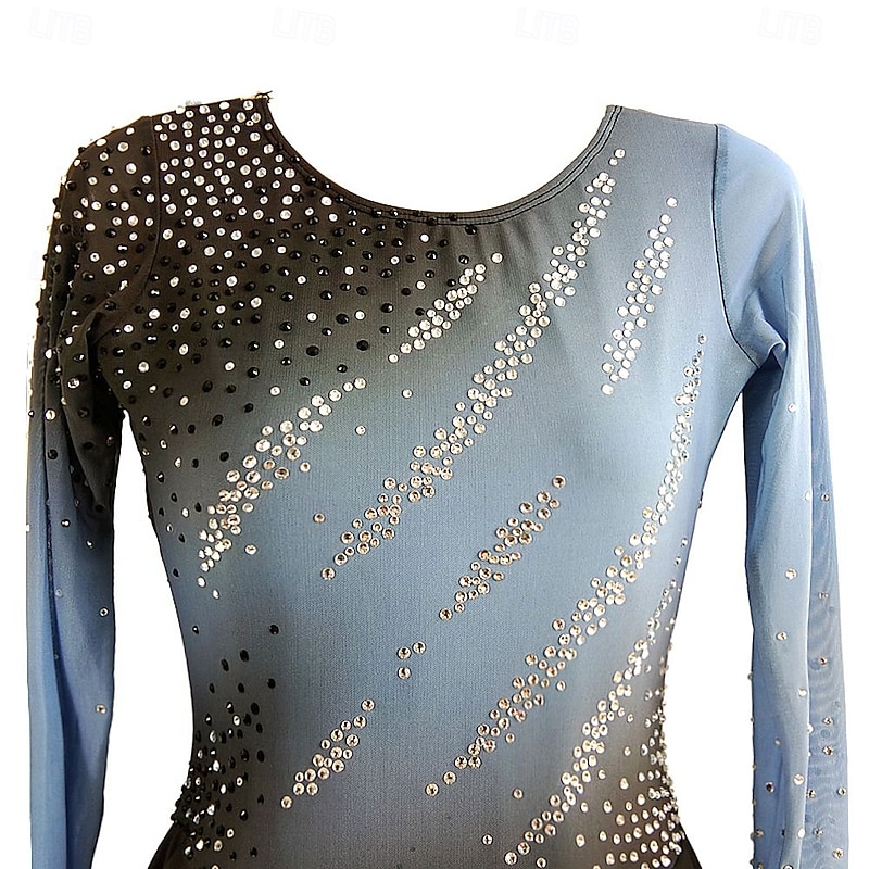Girls Ice Figure Skating Dress Women's BLue Black Gradient Spandex High Elasticity Training Competition Skating Wear Handmade Crystal / Rhinestone Gradient Color Long Sleeve Ice Skating3