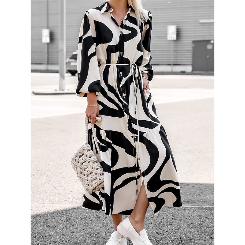 Women's Color Block Shirt Collar Maxi Dress Long Sleeve Spring Fall3