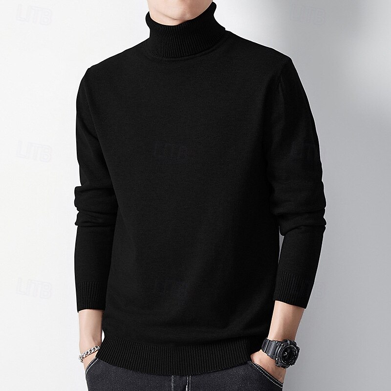 Men's Pullover Sweater Jumper Knit Sweater Ribbed Knit Regular Knitted Plain Turtleneck Fashion Casual Daily Wear Date Clothing Apparel Spring &  Fall Camel Black XS S M3