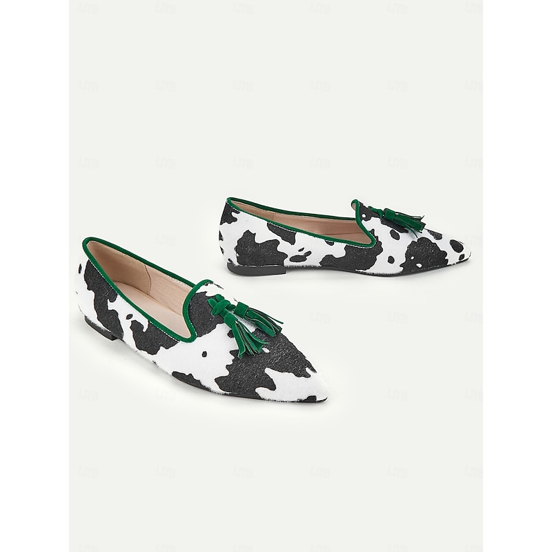 Women's Cow Print Tassel Loafers with Green Trim – Stylish Slip-On Dress Shoes for Casual and Formal Occasions3
