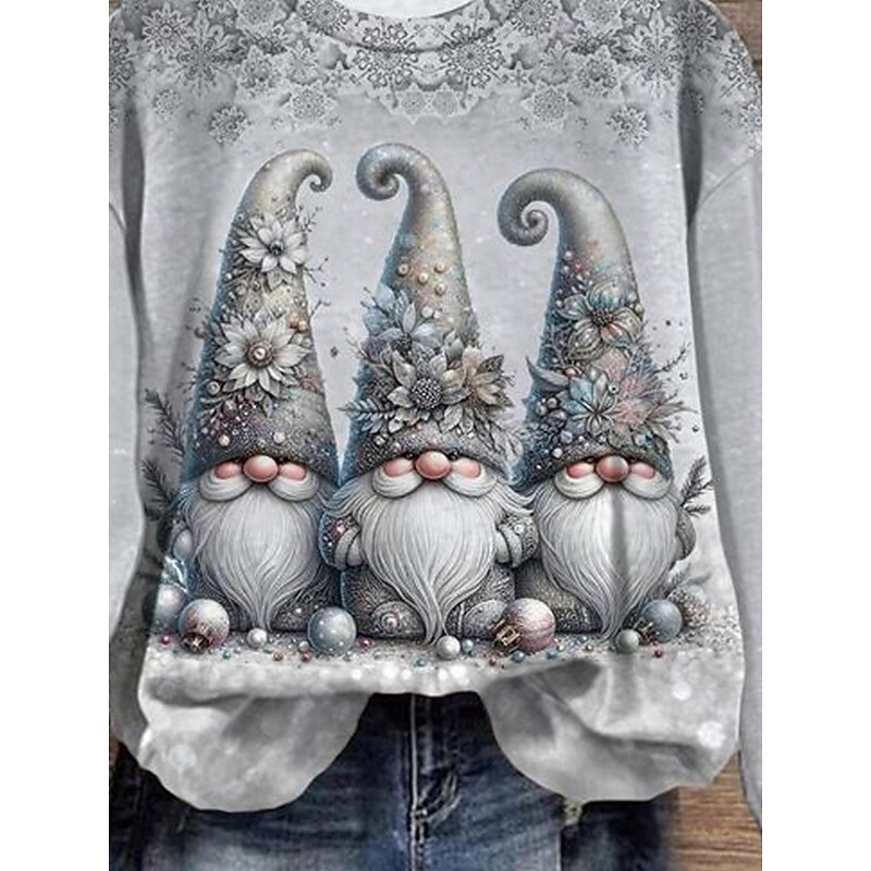 Women's Sweatshirt Winter Holiday Gnome Print Long Sleeve Crew Neck Snowflake Pattern Festive Casual Comfort Gray Blue Multi-size3