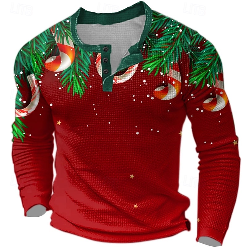 Christmas Men's Christmas Scene Henley T Shirt Tree Candy Cane Candy Fashion Daily Funny Print Waffle Henley Long Sleeve Red Long Sleeve Henley Collar Zip Quarter Zip Winter