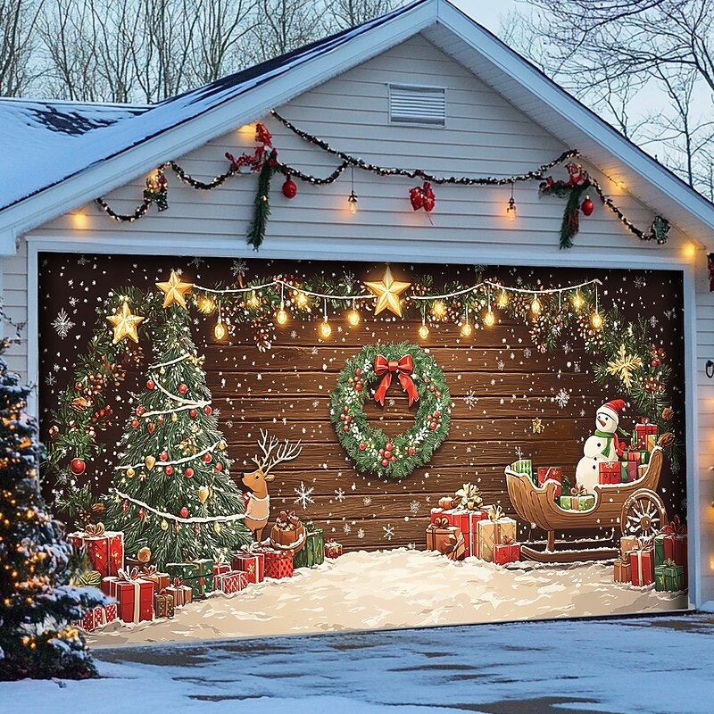 Christmas Door Decorations Outdoor Garage Door Cover Xmas Banner Christmas Scene Farmhouse Large Christmas Backdrop for Holiday Outdoor Garage Door Home Wall Decorations4