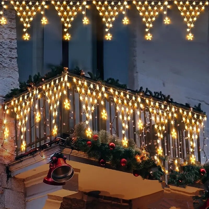 Solar Power Net String Lights with Star Icicles, 8 Lighting Modes Christmas Fairy Lights with Remote Control for ChristmasOutdoor Eaves House Garden & Xmas Party Decoration4