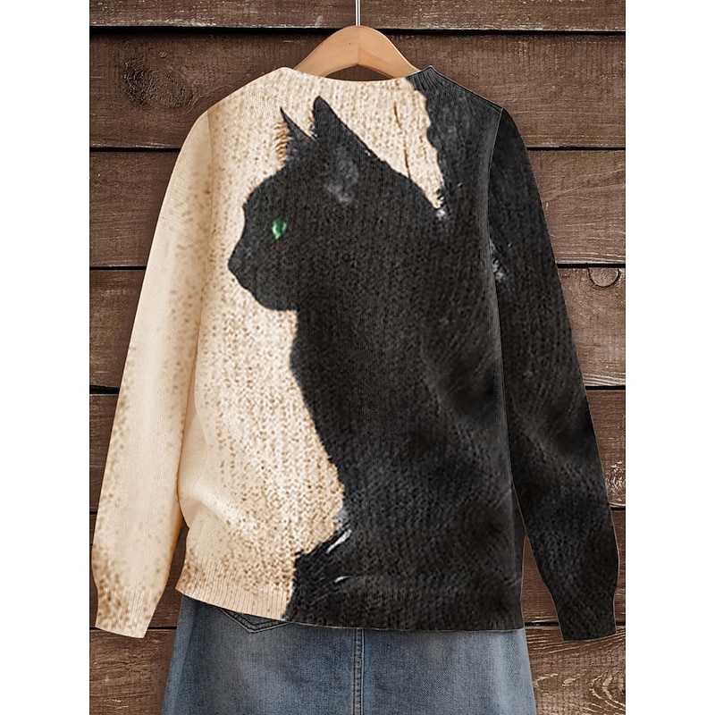 Women's Sweater Daily Graphic Crew Neck Print Long Sleeve Regular Tops Knit Formal Weekend White / Black Fall Winter3