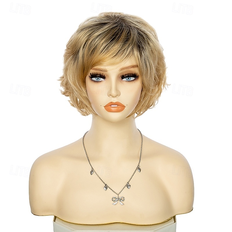 Short Blonde Pixie Cut Wigs with Bangs for White Women,Brown Ombre Blonde Wig Synthetic Wavy Curly Hair Wigs  Layered Natural Fluffy Heat Resistant
