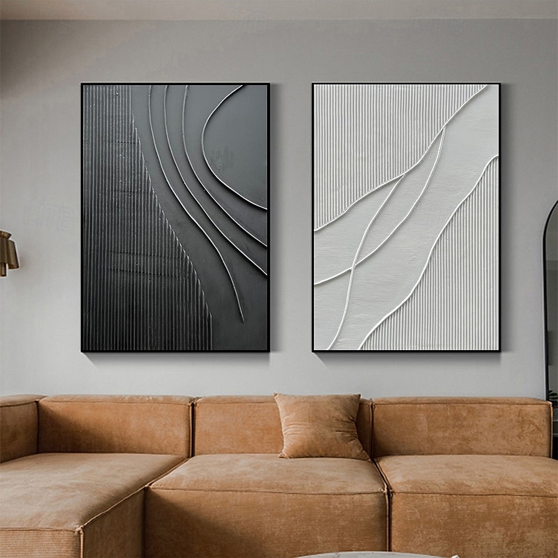 Black White Modern Minimalist Wall Art Modern Minimalist Art Black 3D Texture Painting Abstract Painting Home Wall Decor Stretched Frame Ready to Hang