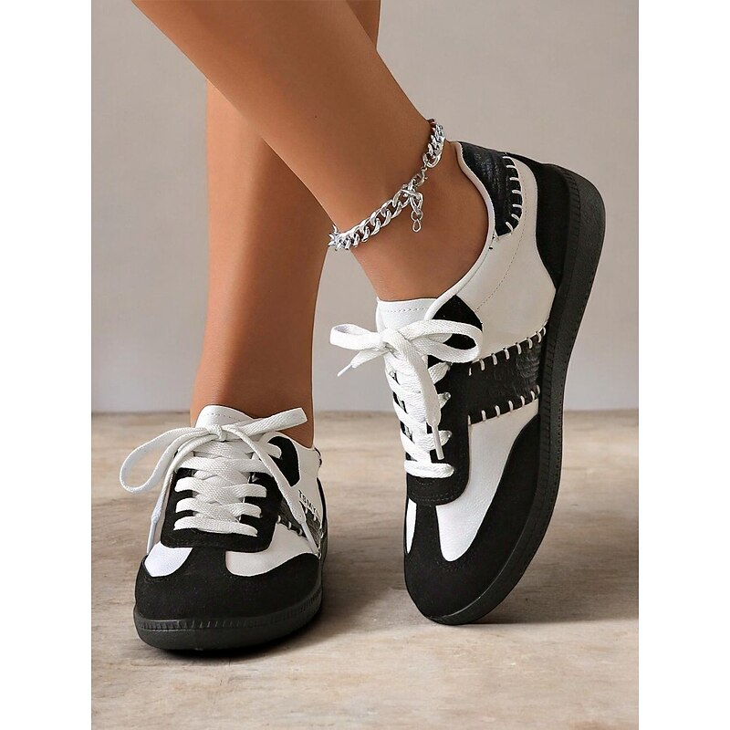 Women's Retro Black and White Lace-Up Sneakers - Casual Low-Top Design with Suede and Fabric Accents, Comfortable Sole for Daily Wear and Sports Activities
