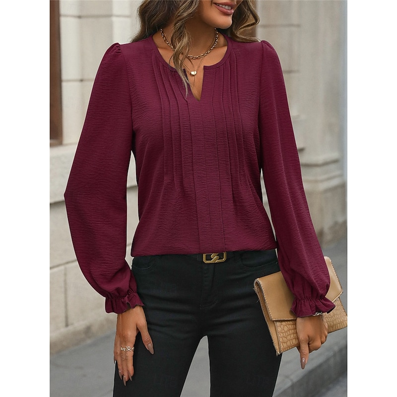 Women's Shirt Blouse Solid Color Basic Casual Long Sleeve Notched Neck Regular Tops Daily Black Wine Fall Winter