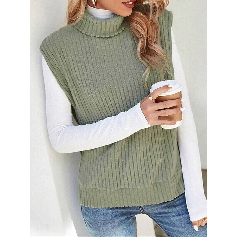 Women's Sweater Vest Casual Soft Solid Color Ribbed Turtleneck Split Knitted Sleeveless Regular Tops Knit Outdoor Daily Weekend Light Green Khaki Fall Winter3