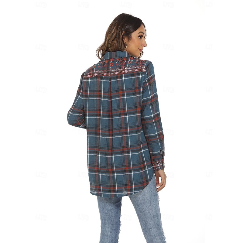 Women's Boho Shirt Floral Plaid Flower Casual Boho Long Sleeve Bishop Sleeve Shirt Collar Regular Tops Valentine's Day Work Daily Embroidered Blue Spring, Fall, Winter, Summer2