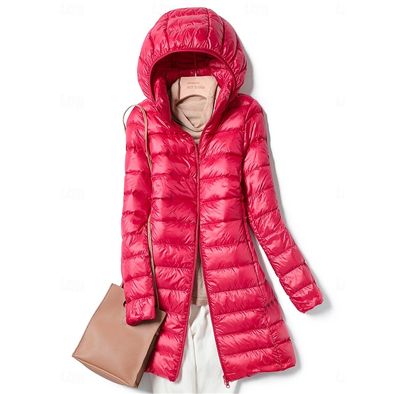 Women's Puffer Jacket Warm Breathable Zipper Pocket Casual Plain Vacation Street Daily Wear Going out Zipper Long Hoodie Regular Fit Long Sleeve Outerwear Wine Red Fuchsia Fall Winter2