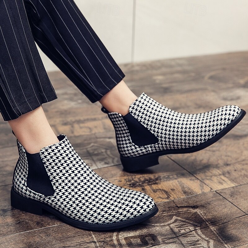 Houndstooth Pattern Men's Chelsea Boots – Classic Slip-On Ankle Boots with Elastic Side Panels for Formal and Casual Occasions4