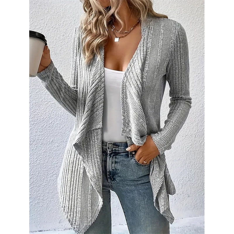Women's Sweater Cardigan Casual Soft Pure Color Ribbed Open Front Knitted Long Sleeve Long Tops Knit Outdoor Daily Weekend Green Khaki Fall Winter3