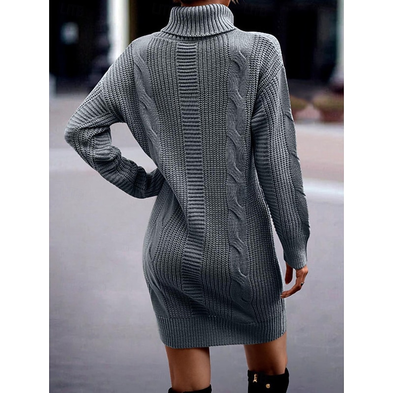 Women's Sweater Dress Casual Soft Pure Color Cable Turtleneck Knitted Long Sleeve Long Tops Knit Outdoor Daily Weekend Pink Khaki Fall Winter2