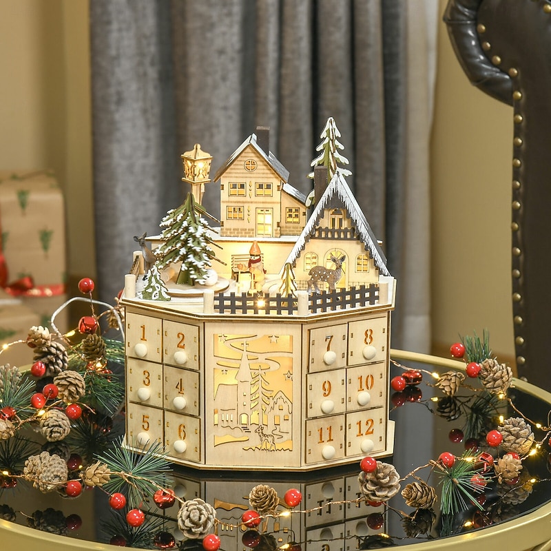 Christmas Wooden Advent Calendar with 24 Storage Drawers LED Wooden Advent Calendar Decoration with Christmas Tree House Reusable Xmas Countdown Calendar DIY for Adults Kids Gifts Holiday Decoration
