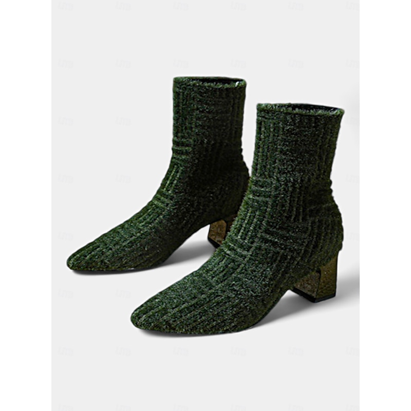 Women's Green Knit Ankle Boots - Mid Heel with Square Toe, Stretch Fabric, Perfect for Casual and Winter Wear