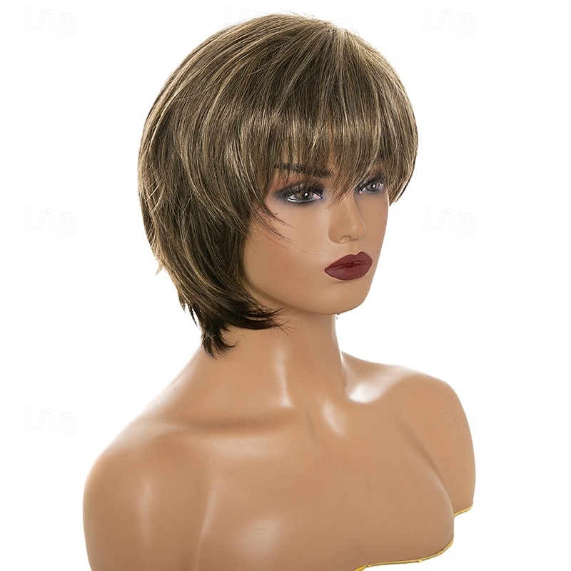 Short Brown Wig with Bangs for White Women Natural Fluffy Synthetic Hair Womens Wigs