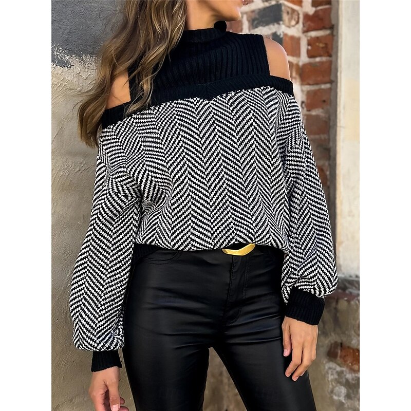 Women's Sweater Pullover Sweater Jumper Casual Soft Geometric Ribbed Turtleneck Knitted Cold Shoulder Long Sleeve Regular Tops Knit Outdoor Daily Weekend Black Fall Winter4