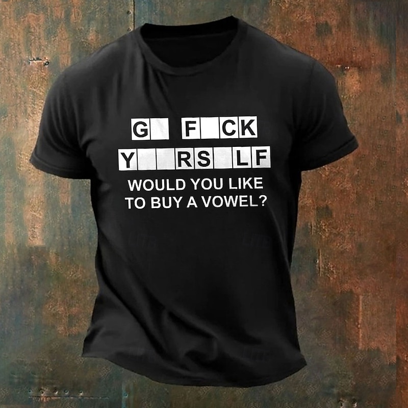 Men's Funny Graphic T-Shirt | Sarcastic 'Would You Like To Buy A Vowel' Wordplay Tee | Rude Humor Parody