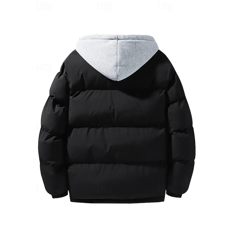 Men's Winter Jacket Puffer Jacket Padded Hooded Fake two piece Polyster Pocket Sports Outdoor Regular Fashion Casual Thermal Warm Windproof Winter Plain Black Blue Beige Puffer Jacket3