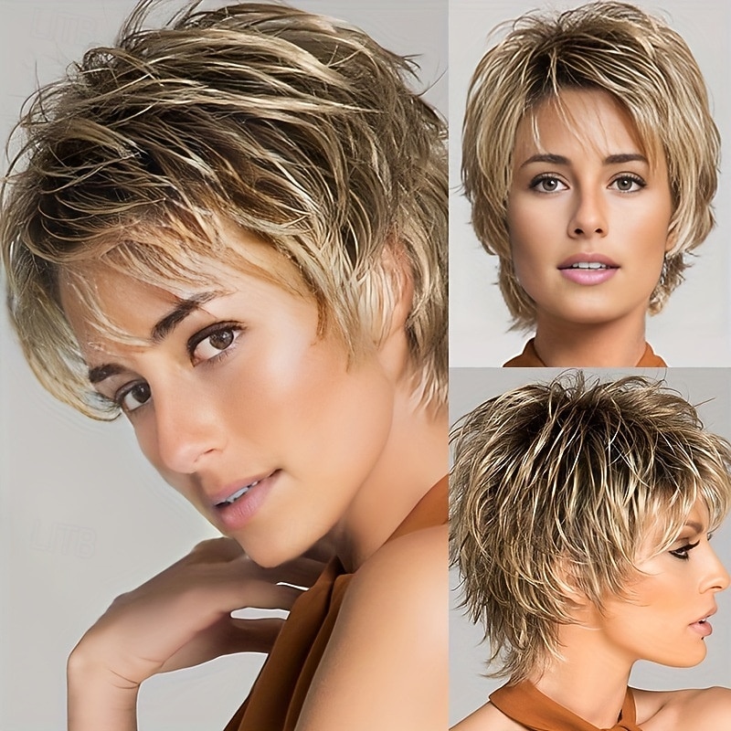 Short Brown Mixed Blonde Highlight Pixie Cut Wigs with Bangs Synthetic Layered Wigs for Women Natural Hair Replacement Wigs