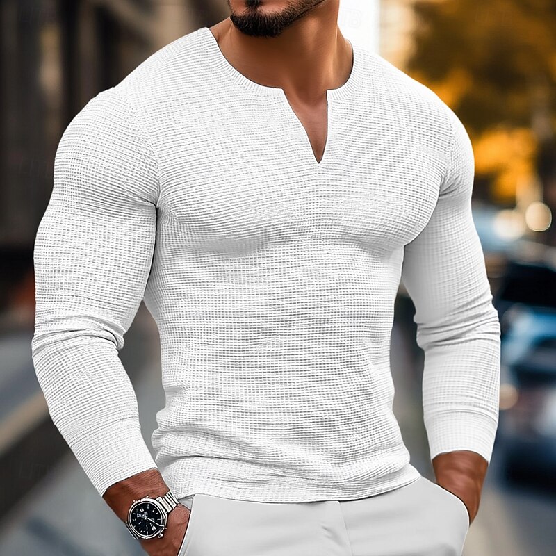Men's Waffle Shirt T Shirt Tee Top Long Sleeve Shirt Long Sleeve V Neck Spring &  Fall Plain Fashion Designer Basic V Neck Vacation Street Going out Black White Gray Top Tee for Men