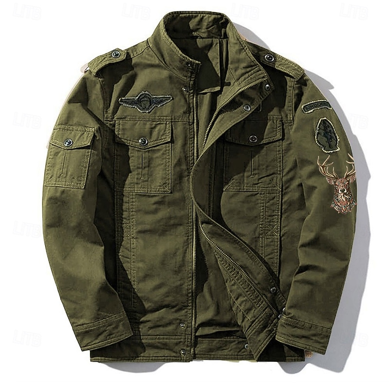 Men's Cotton Embroidered Military Jacket Cargo Jacket with Shoulder Straps Long Sleeve Standing Collar Multi-Pockets Coat Trucker Jacket Christmas Reindeer Print Tactical Outerwear2