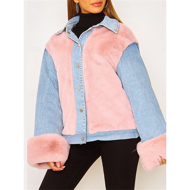 Women's Sherpa Jacket Denim Jacket Outdoor Street Daily Wear Fall Winter Regular Coat Regular Fit Thermal Warm Breathable Stylish Casual Jacket Long Sleeve Solid Color with Pockets Faux Fur Trim3