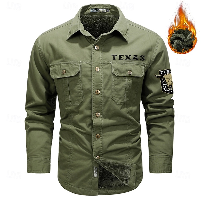 Men's Texas Work Shirt Western Shirt Cargo Shirt Long Sleeve Casual Sports & Outdoor Going out Fall Winter Turndown Print Black Army Green Khaki3